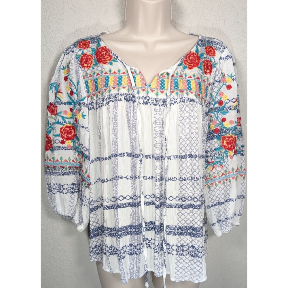 Savanna Jane Embroidered Top Boho Peaseant Embroidered 3/4 Sleeve Small - Picture 2 of 6